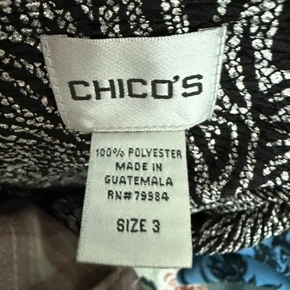 Chicos Black Silver Animal Print Moto Blazer Jacket Artsy Womens size 3 = XL